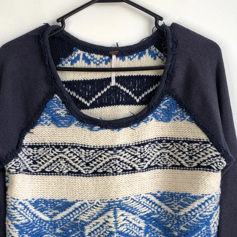 Free People Navy & Cream Patterned Sweater